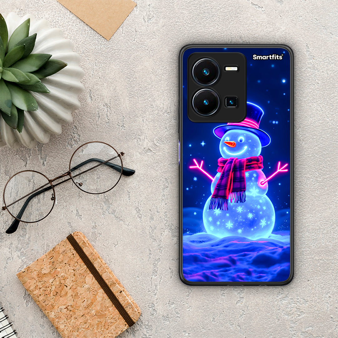 Θήκη Vivo Y35 Christmas Neon Snowman από τη Smartfits με σχέδιο στο πίσω μέρος και μαύρο περίβλημα | Vivo Y35 Christmas Neon Snowman Case with Colorful Back and Black Bezels