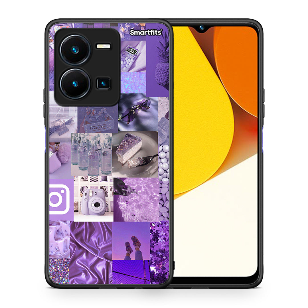 Θήκη Vivo Y35 Purple Aesthetic Collage από τη Smartfits με σχέδιο στο πίσω μέρος και μαύρο περίβλημα | Vivo Y35 Purple Aesthetic Collage Case with Colorful Back and Black Bezels