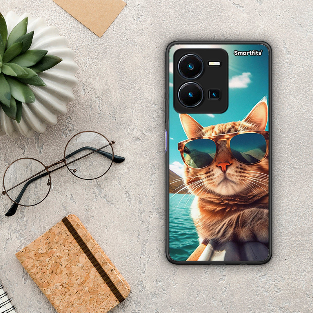 Θήκη Vivo Y35 Summer Cat από τη Smartfits με σχέδιο στο πίσω μέρος και μαύρο περίβλημα | Vivo Y35 Summer Cat Case with Colorful Back and Black Bezels