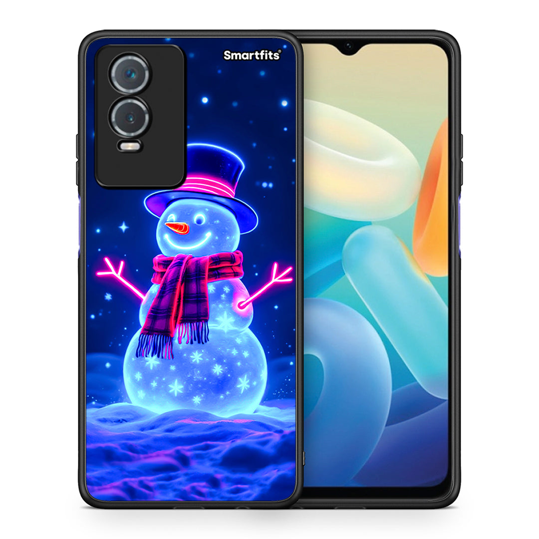 Θήκη Vivo Y76 5G / Y76s / Y74s Christmas Neon Snowman από τη Smartfits με σχέδιο στο πίσω μέρος και μαύρο περίβλημα | Vivo Y76 5G / Y76s / Y74s Christmas Neon Snowman case with colorful back and black bezels