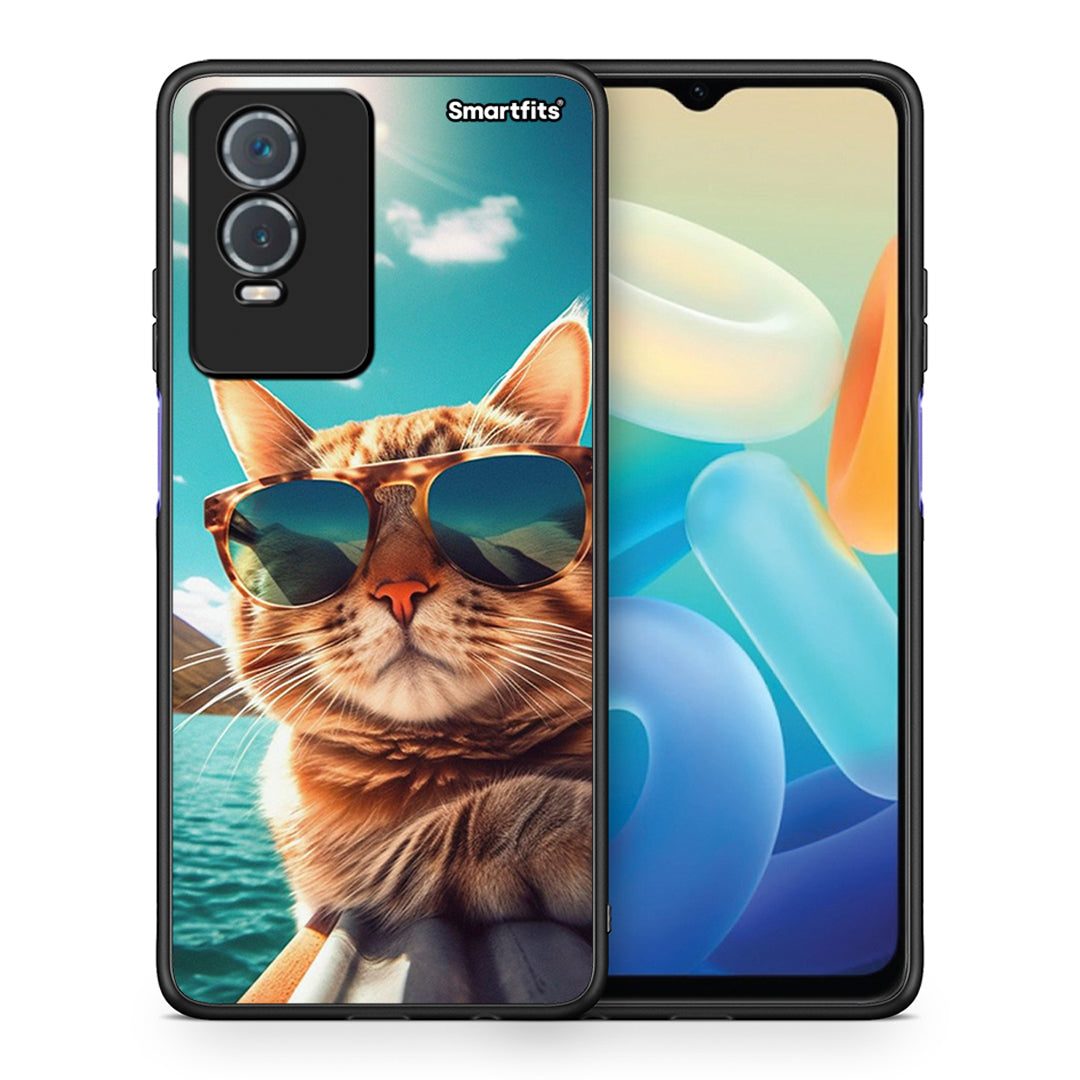 Θήκη Vivo Y76 5G / Y76s / Y74s Summer Cat από τη Smartfits με σχέδιο στο πίσω μέρος και μαύρο περίβλημα | Vivo Y76 5G / Y76s / Y74s Summer Cat case with colorful back and black bezels