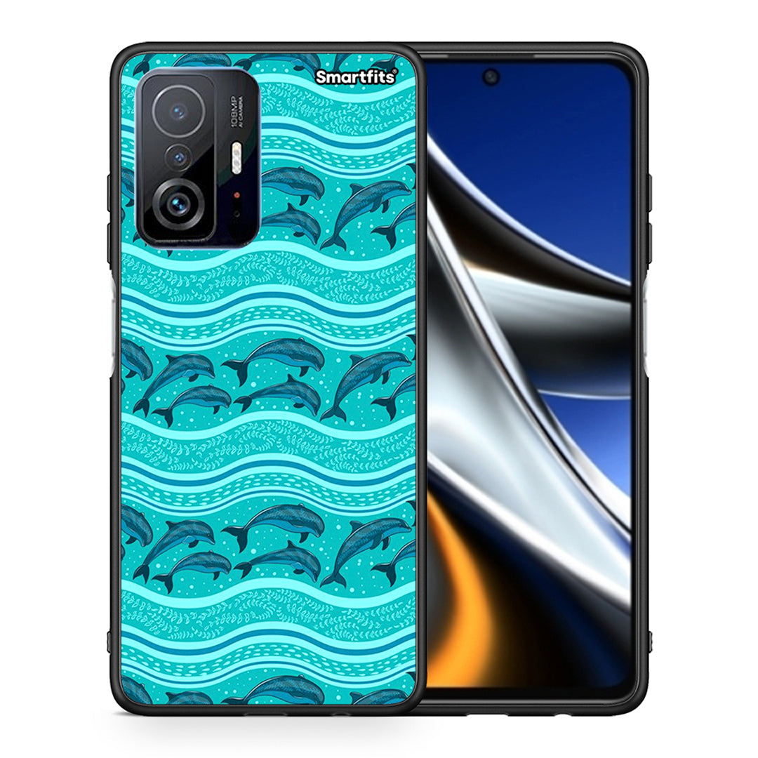 Θήκη Xiaomi 11T/11T Pro Swimming Dolphins από τη Smartfits με σχέδιο στο πίσω μέρος και μαύρο περίβλημα | Xiaomi 11T/11T Pro Swimming Dolphins case with colorful back and black bezels