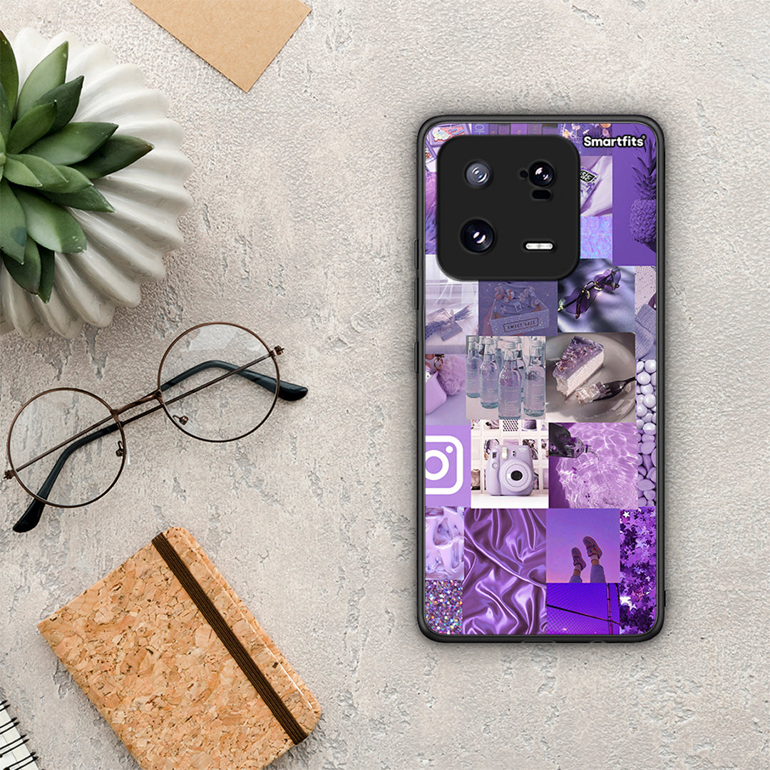 Θήκη Xiaomi 13 Pro Purple Aesthetic Collage από τη Smartfits με σχέδιο στο πίσω μέρος και μαύρο περίβλημα | Xiaomi 13 Pro Purple Aesthetic Collage Case with Colorful Back and Black Bezels