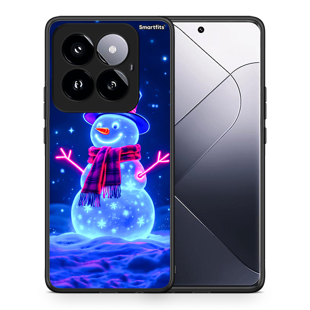 Θήκη Xiaomi 14 Pro 5G Christmas Neon Snowman από τη Smartfits με σχέδιο στο πίσω μέρος και μαύρο περίβλημα | Xiaomi 14 Pro 5G Christmas Neon Snowman case with colorful back and black bezels