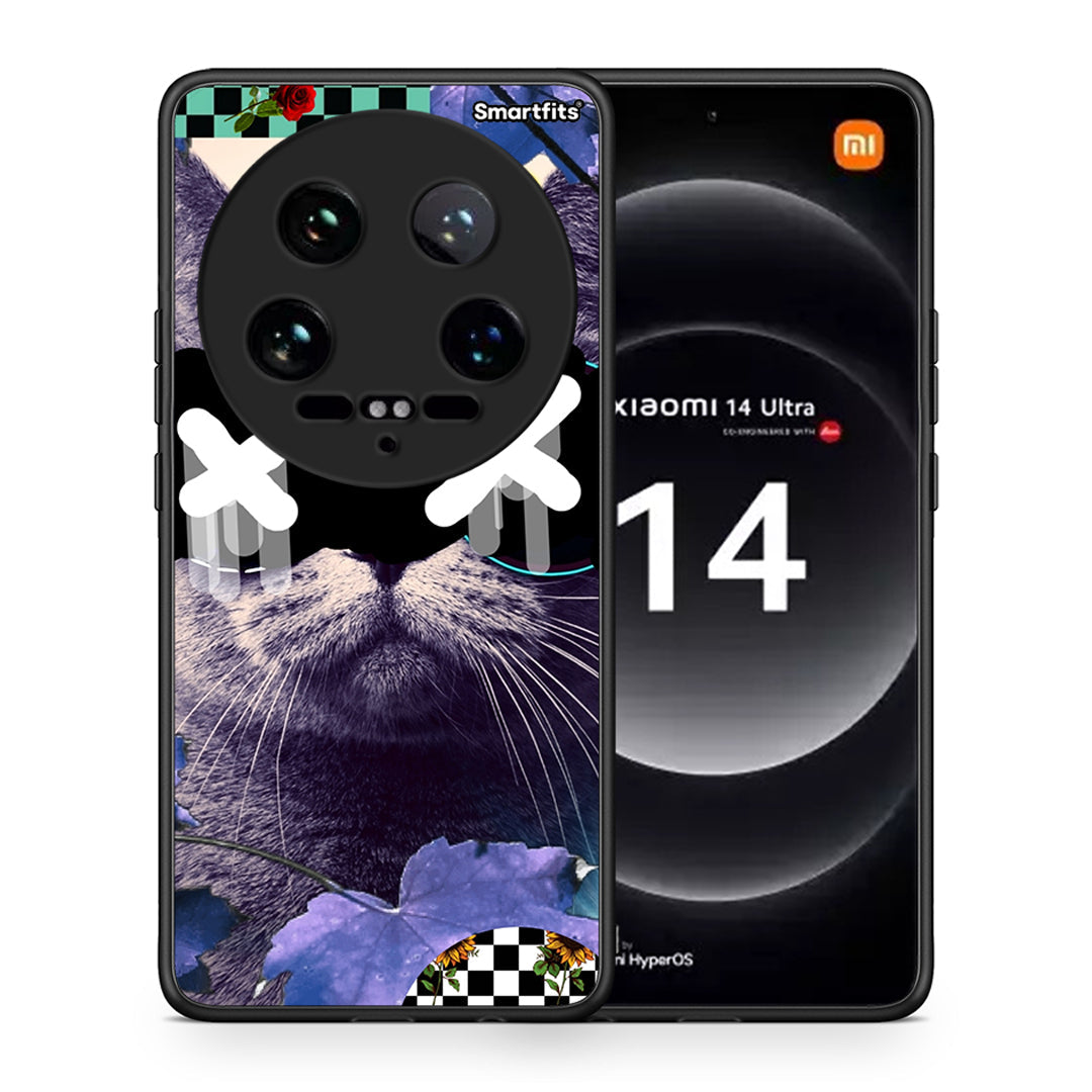 Θήκη Xiaomi 14 Ultra Cat Collage από τη Smartfits με σχέδιο στο πίσω μέρος και μαύρο περίβλημα | Xiaomi 14 Ultra Cat Collage case with colorful back and black bezels