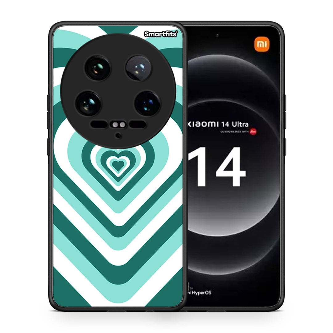 Θήκη Xiaomi 14 Ultra Green Hearts από τη Smartfits με σχέδιο στο πίσω μέρος και μαύρο περίβλημα | Xiaomi 14 Ultra Green Hearts case with colorful back and black bezels