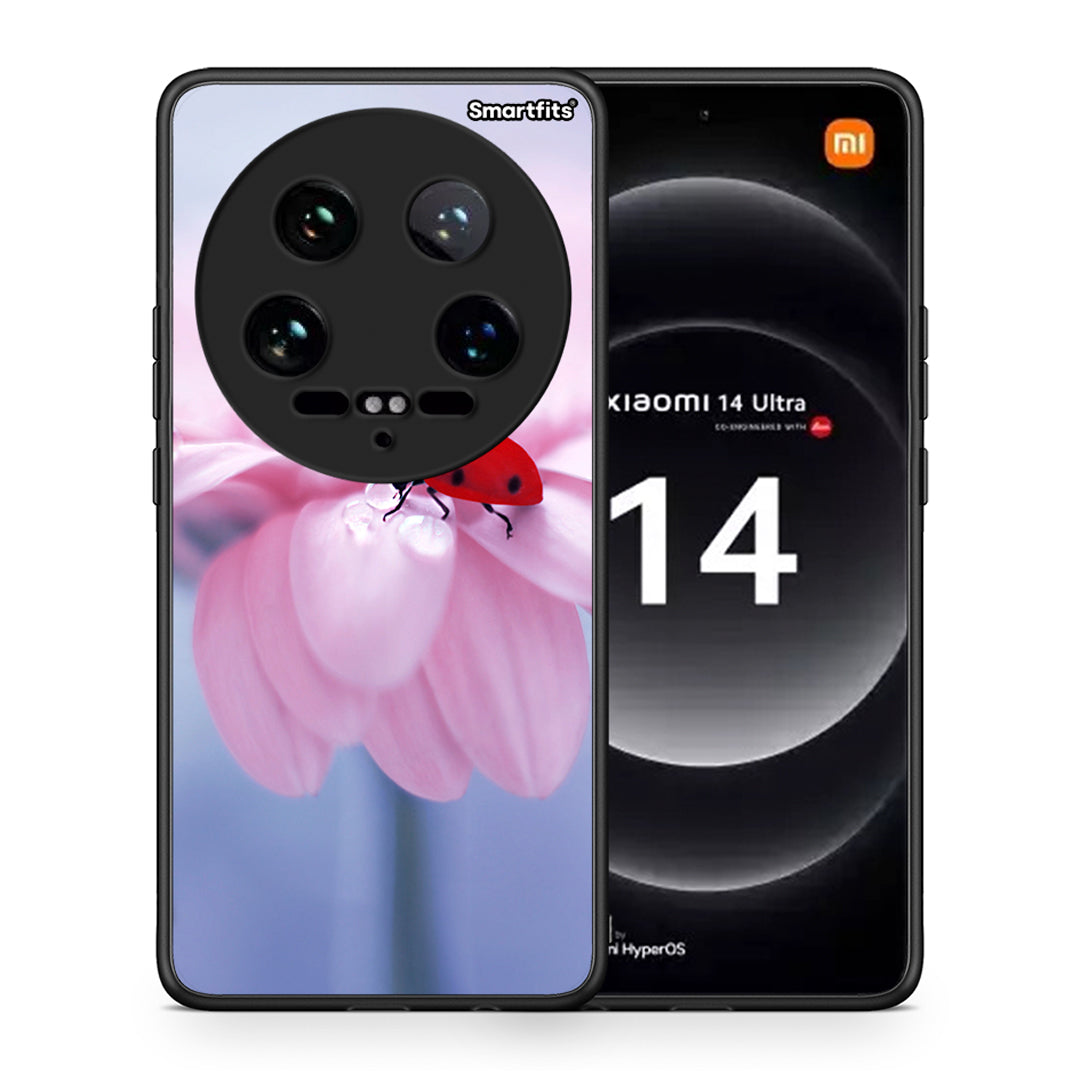 Θήκη Xiaomi 14 Ultra Ladybug Flower από τη Smartfits με σχέδιο στο πίσω μέρος και μαύρο περίβλημα | Xiaomi 14 Ultra Ladybug Flower case with colorful back and black bezels