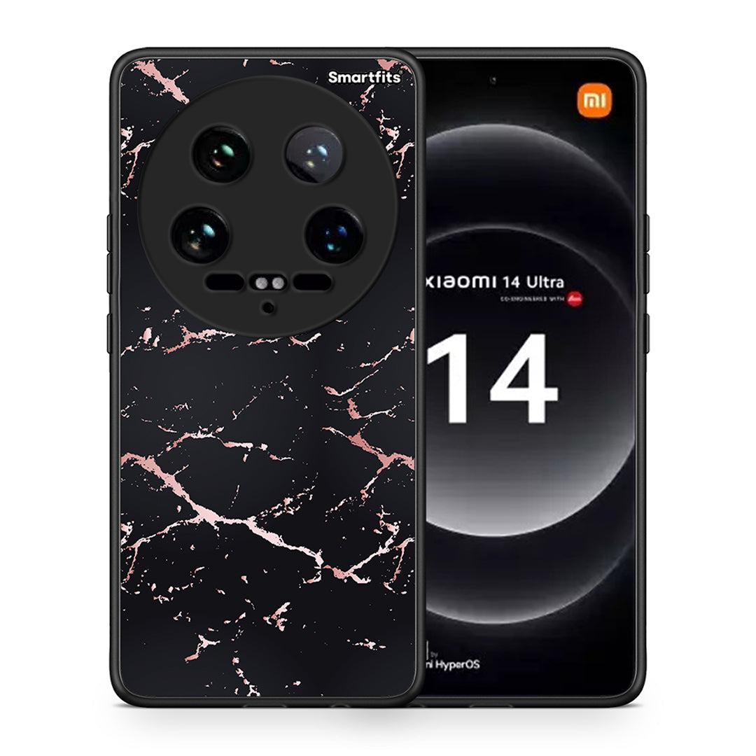 Θήκη Xiaomi 14 Ultra Black Rosegold Marble από τη Smartfits με σχέδιο στο πίσω μέρος και μαύρο περίβλημα | Xiaomi 14 Ultra Black Rosegold Marble case with colorful back and black bezels