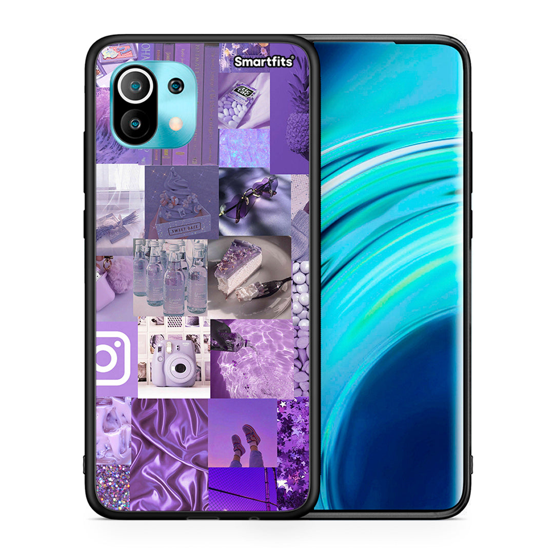 Θήκη Xiaomi Mi 11 Purple Aesthetic Collage από τη Smartfits με σχέδιο στο πίσω μέρος και μαύρο περίβλημα | Xiaomi Mi 11 Purple Aesthetic Collage case with colorful back and black bezels