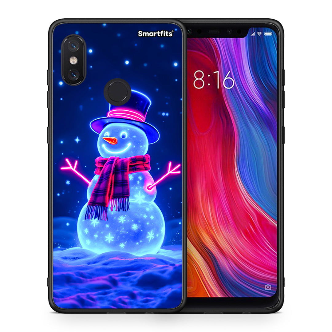 Θήκη Xiaomi Mi 8 Christmas Neon Snowman από τη Smartfits με σχέδιο στο πίσω μέρος και μαύρο περίβλημα | Xiaomi Mi 8 Christmas Neon Snowman case with colorful back and black bezels