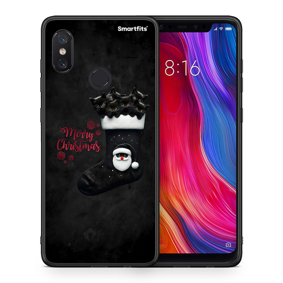 Θήκη Xiaomi Mi 8 Merry Cat Christmas από τη Smartfits με σχέδιο στο πίσω μέρος και μαύρο περίβλημα | Xiaomi Mi 8 Merry Cat Christmas case with colorful back and black bezels