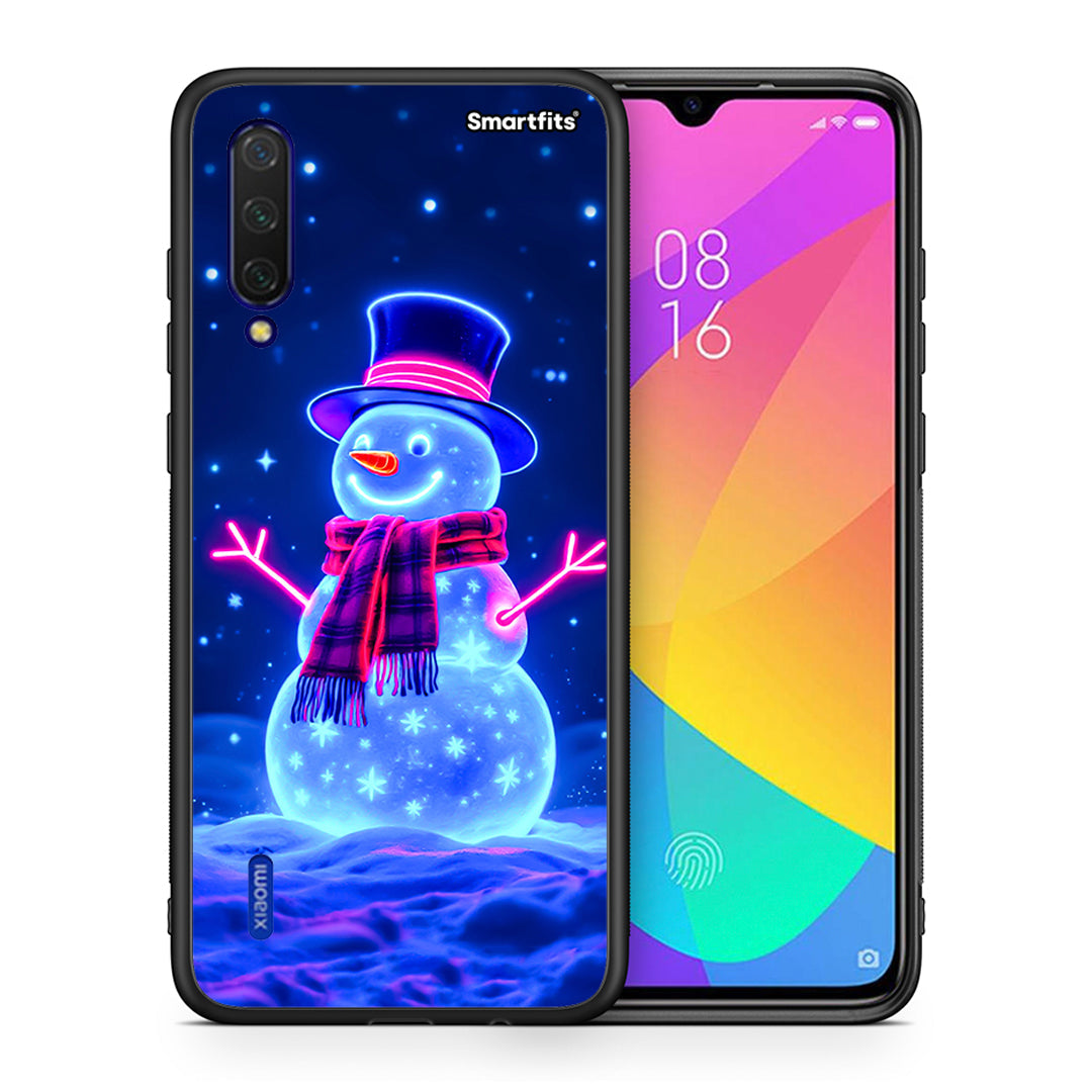 Θήκη Xiaomi Mi 9 Lite Christmas Neon Snowman από τη Smartfits με σχέδιο στο πίσω μέρος και μαύρο περίβλημα | Xiaomi Mi 9 Lite Christmas Neon Snowman case with colorful back and black bezels