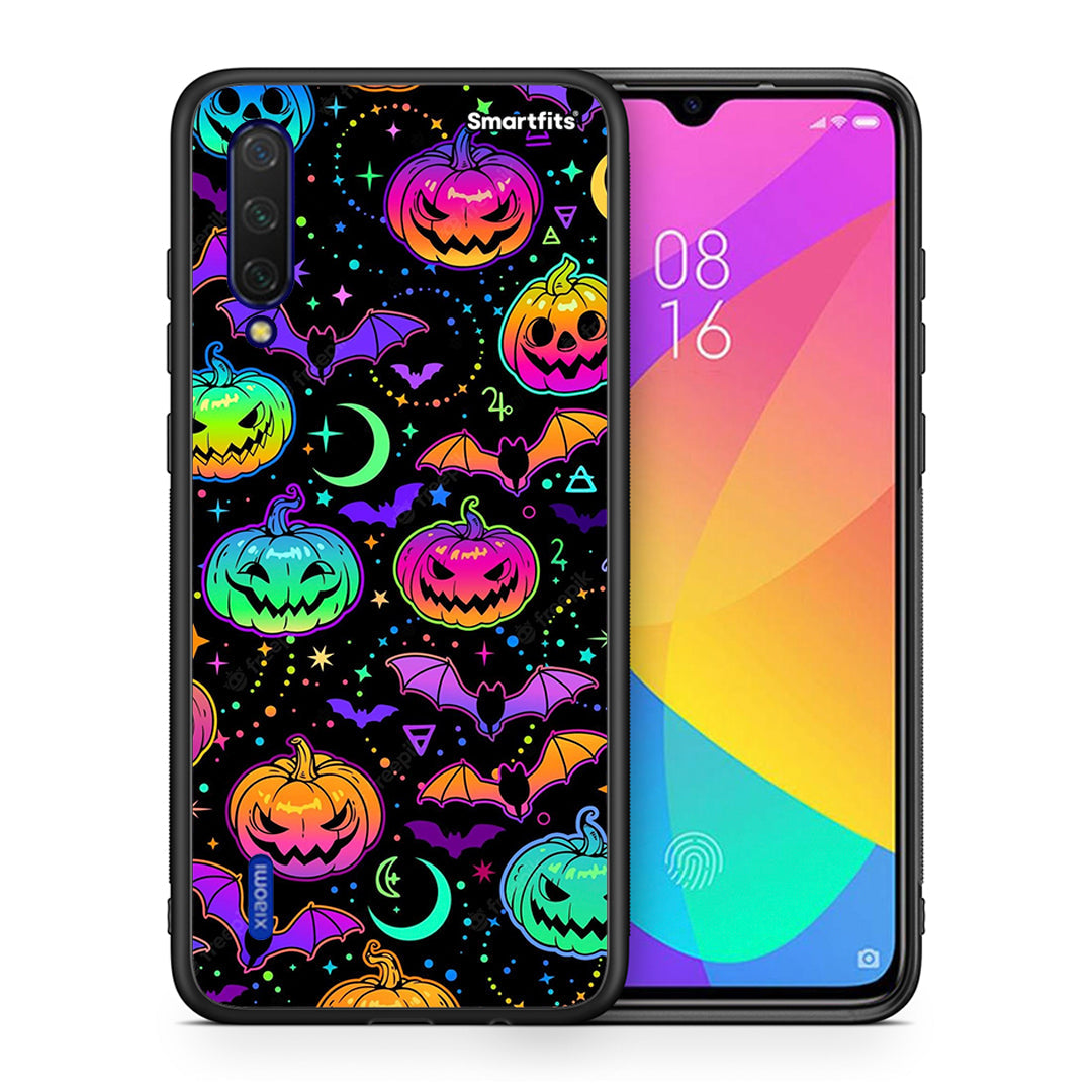 Θήκη Xiaomi Mi 9 Lite Neon Halloween από τη Smartfits με σχέδιο στο πίσω μέρος και μαύρο περίβλημα | Xiaomi Mi 9 Lite Neon Halloween case with colorful back and black bezels