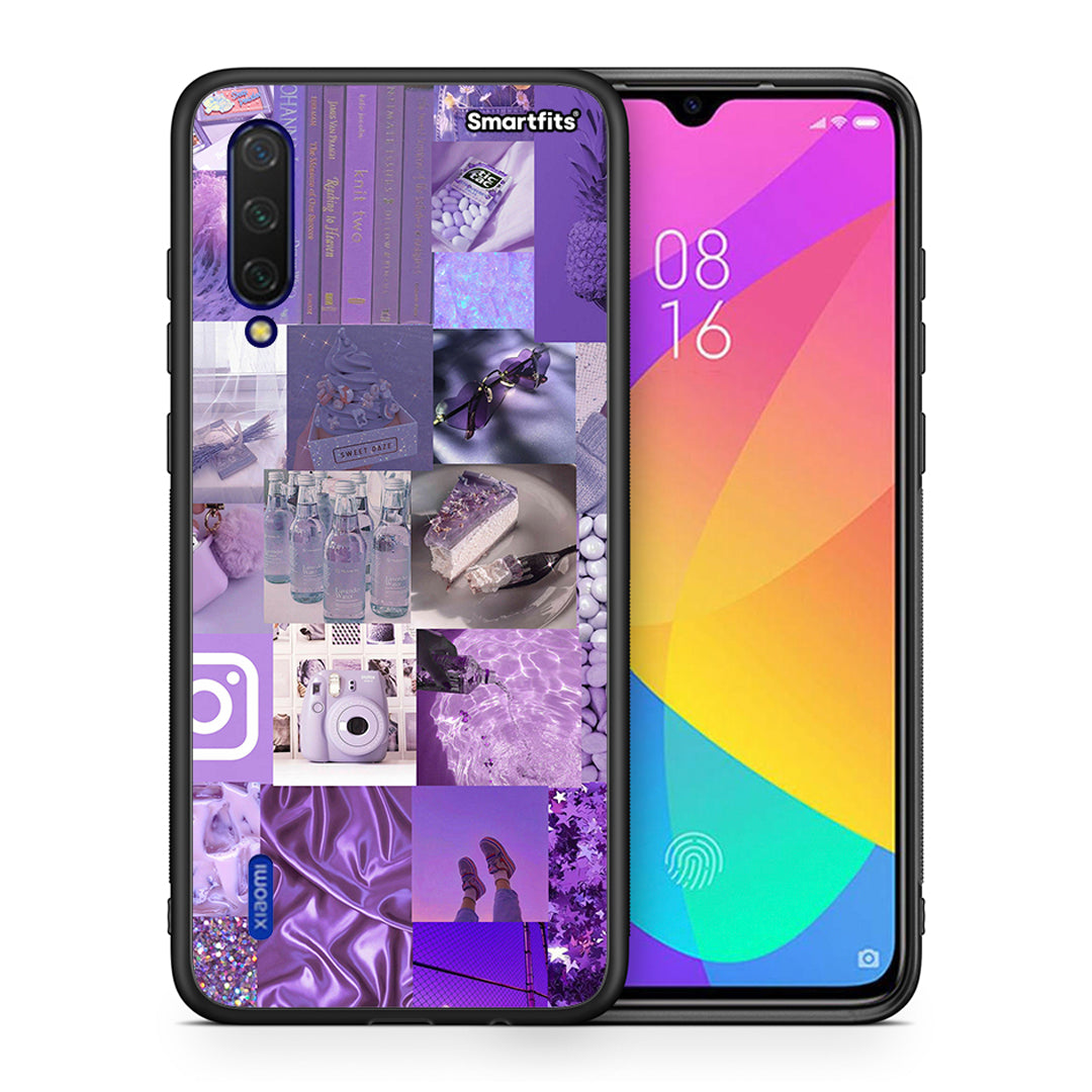 Θήκη Xiaomi Mi 9 Lite Purple Aesthetic Collage από τη Smartfits με σχέδιο στο πίσω μέρος και μαύρο περίβλημα | Xiaomi Mi 9 Lite Purple Aesthetic Collage case with colorful back and black bezels