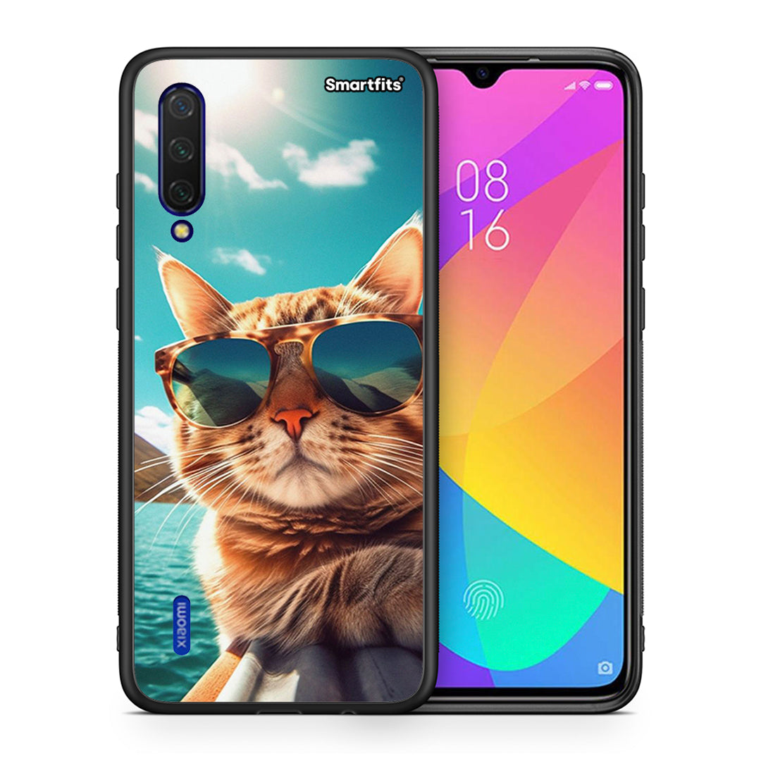 Θήκη Xiaomi Mi 9 Lite Summer Cat από τη Smartfits με σχέδιο στο πίσω μέρος και μαύρο περίβλημα | Xiaomi Mi 9 Lite Summer Cat case with colorful back and black bezels