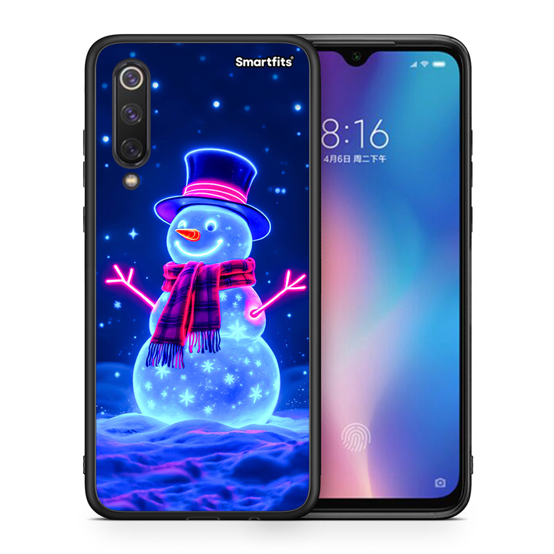 Θήκη Xiaomi Mi 9 SE Christmas Neon Snowman από τη Smartfits με σχέδιο στο πίσω μέρος και μαύρο περίβλημα | Xiaomi Mi 9 SE Christmas Neon Snowman case with colorful back and black bezels