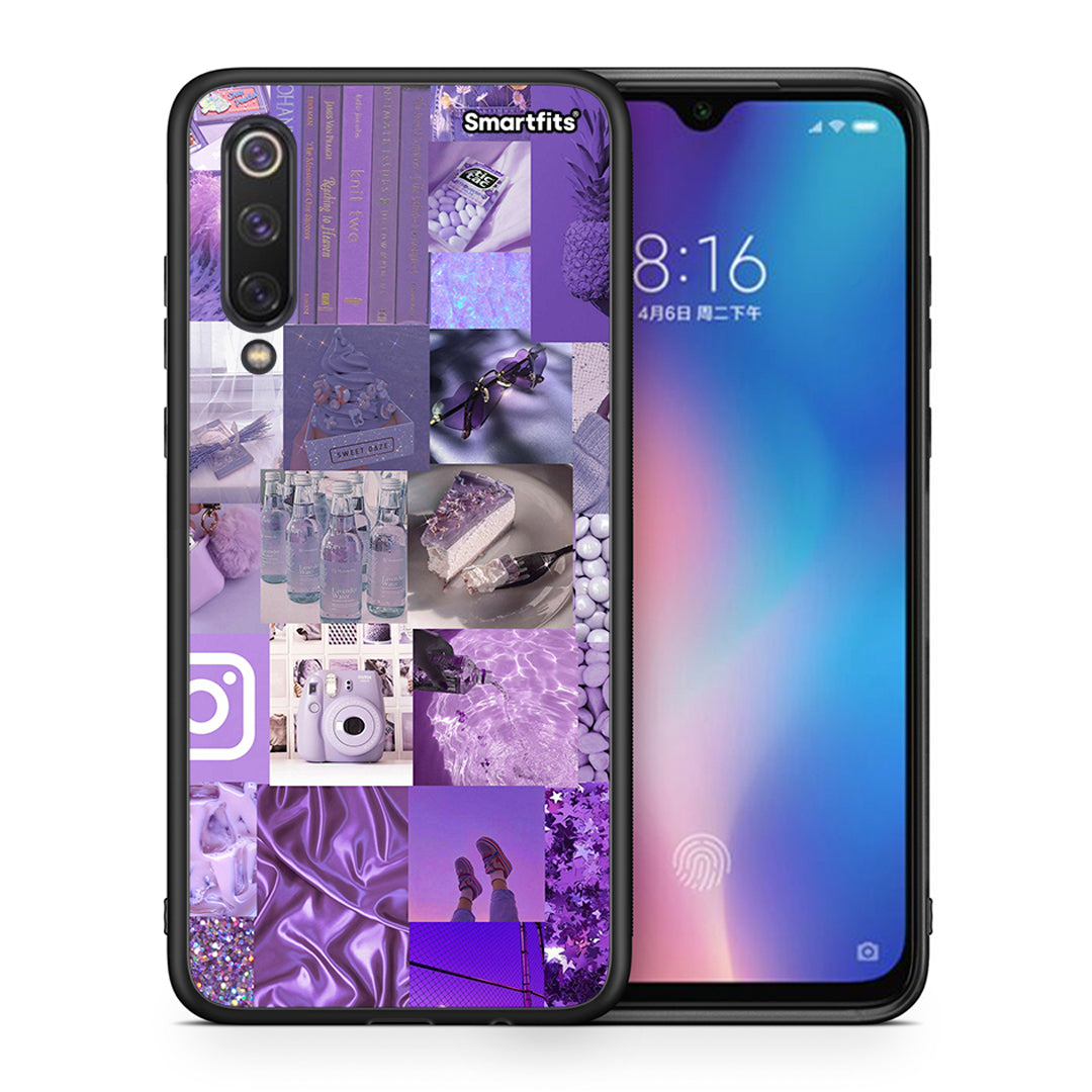 Θήκη Xiaomi Mi 9 SE Purple Aesthetic Collage από τη Smartfits με σχέδιο στο πίσω μέρος και μαύρο περίβλημα | Xiaomi Mi 9 SE Purple Aesthetic Collage case with colorful back and black bezels