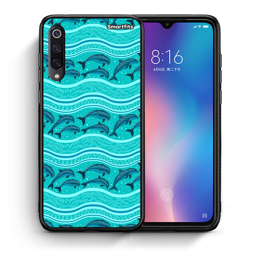 Θήκη Xiaomi Mi 9 Swimming Dolphins από τη Smartfits με σχέδιο στο πίσω μέρος και μαύρο περίβλημα | Xiaomi Mi 9 Swimming Dolphins case with colorful back and black bezels