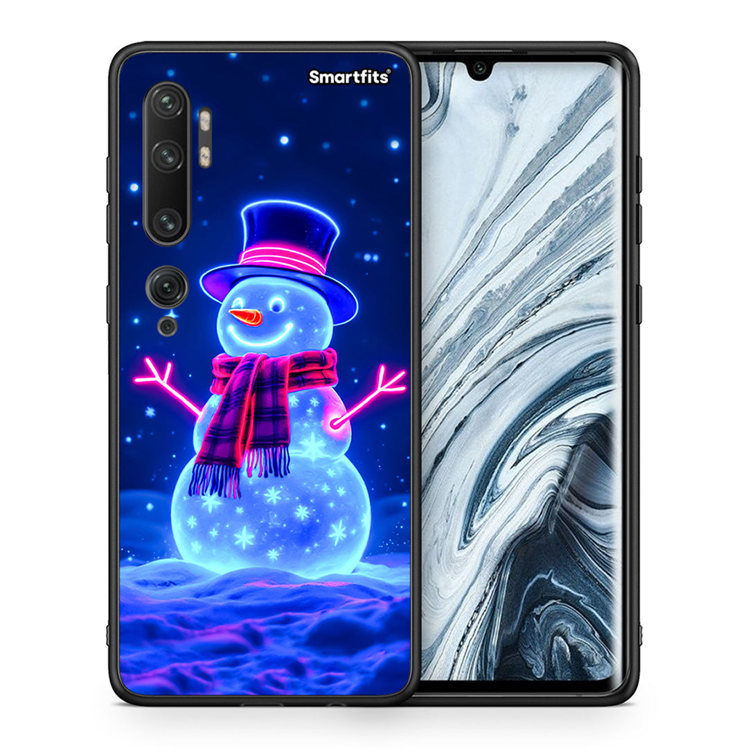 Θήκη Xiaomi Mi Note 10 Pro Christmas Neon Snowman από τη Smartfits με σχέδιο στο πίσω μέρος και μαύρο περίβλημα | Xiaomi Mi Note 10 Pro Christmas Neon Snowman case with colorful back and black bezels