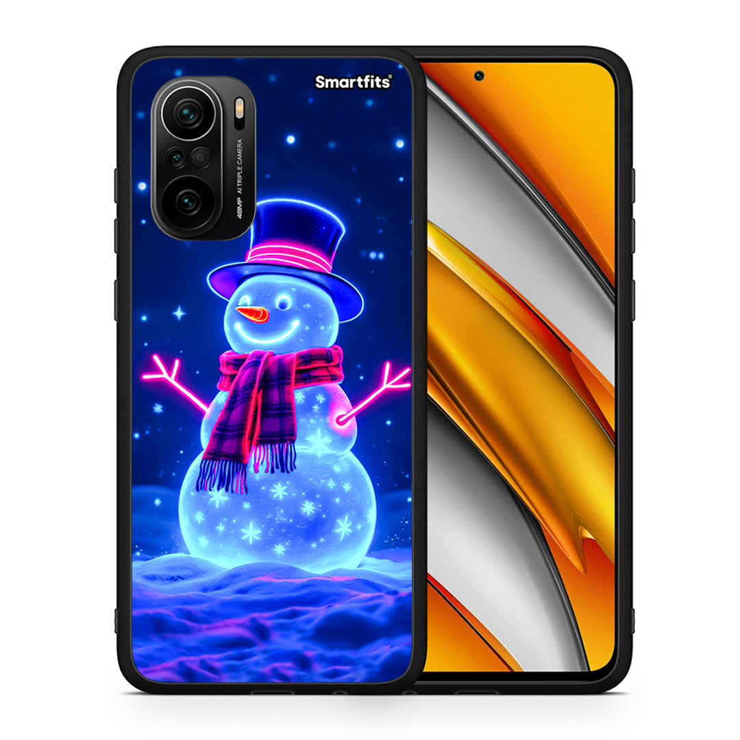 Θήκη Xiaomi Poco F3 Christmas Neon Snowman από τη Smartfits με σχέδιο στο πίσω μέρος και μαύρο περίβλημα | Xiaomi Poco F3 Christmas Neon Snowman case with colorful back and black bezels