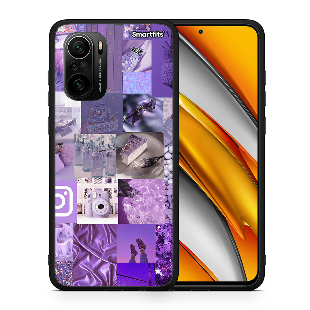 Θήκη Xiaomi Poco F3 Purple Aesthetic Collage από τη Smartfits με σχέδιο στο πίσω μέρος και μαύρο περίβλημα | Xiaomi Poco F3 Purple Aesthetic Collage case with colorful back and black bezels