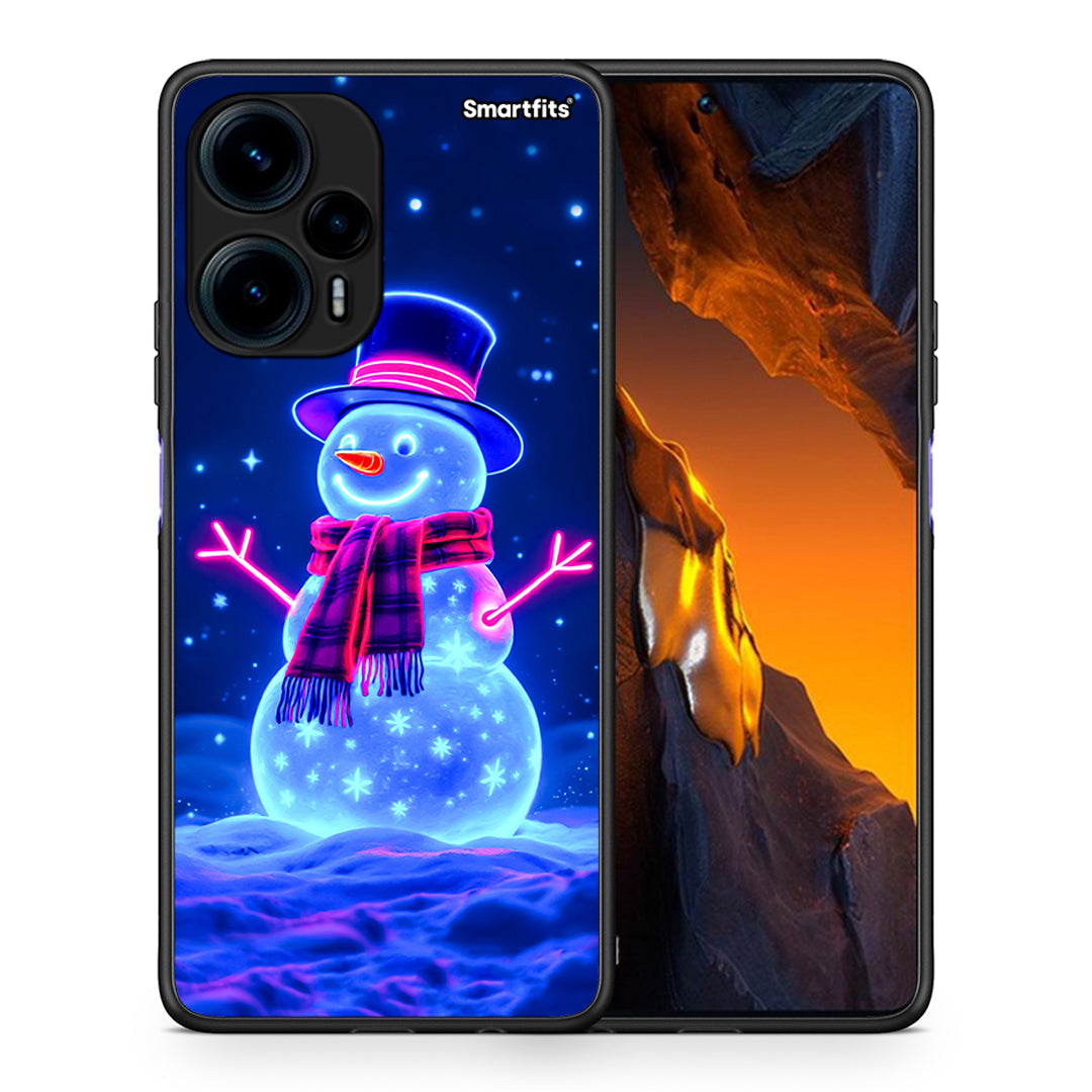 Θήκη Xiaomi Poco F5 5G Christmas Neon Snowman από τη Smartfits με σχέδιο στο πίσω μέρος και μαύρο περίβλημα | Xiaomi Poco F5 5G Christmas Neon Snowman Case with Colorful Back and Black Bezels