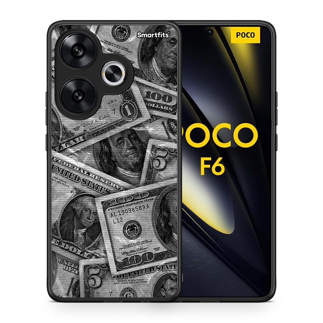 Θήκη Xiaomi Poco F6 Money Dollars από τη Smartfits με σχέδιο στο πίσω μέρος και μαύρο περίβλημα | Xiaomi Poco F6 Money Dollars case with colorful back and black bezels