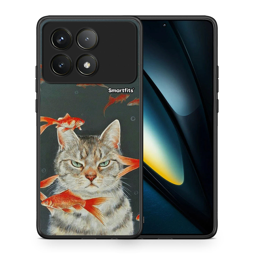 Θήκη Xiaomi Poco F6 Pro 5G Cat Goldfish από τη Smartfits με σχέδιο στο πίσω μέρος και μαύρο περίβλημα | Xiaomi Poco F6 Pro 5G Cat Goldfish case with colorful back and black bezels