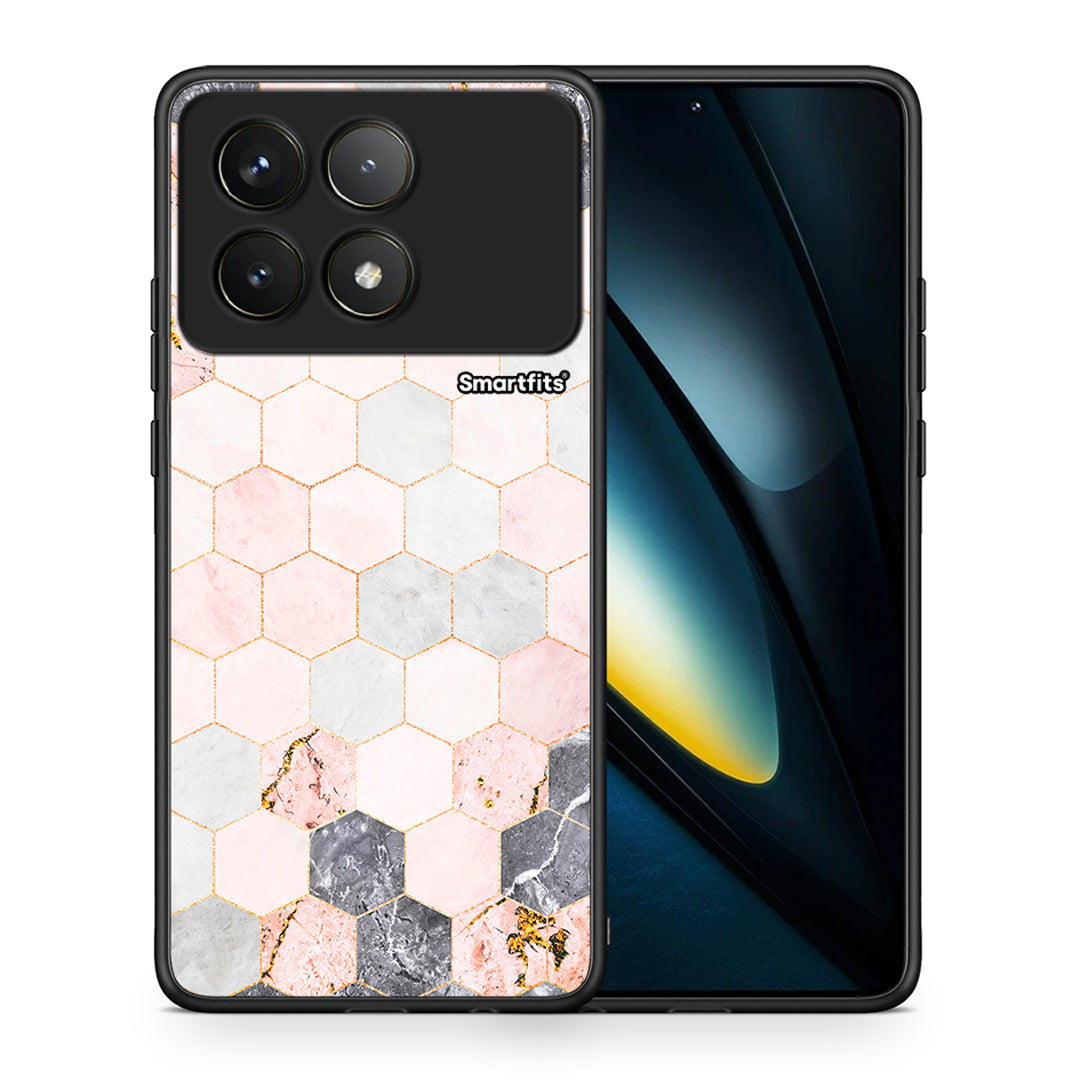 Θήκη Xiaomi Poco F6 Pro 5G Hexagon Pink Marble από τη Smartfits με σχέδιο στο πίσω μέρος και μαύρο περίβλημα | Xiaomi Poco F6 Pro 5G Hexagon Pink Marble case with colorful back and black bezels