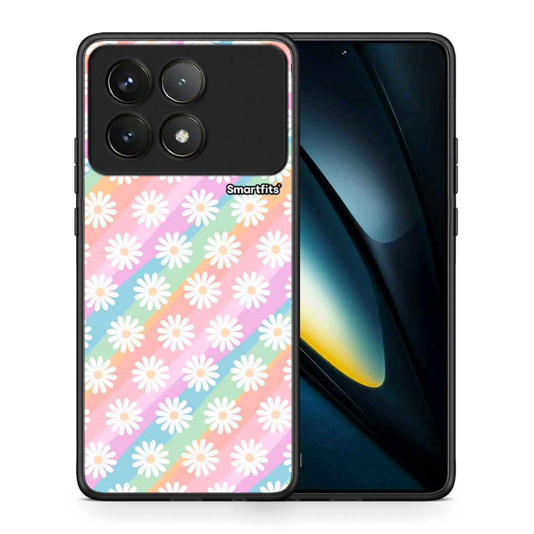 Θήκη Xiaomi Poco F6 Pro 5G White Daisies από τη Smartfits με σχέδιο στο πίσω μέρος και μαύρο περίβλημα | Xiaomi Poco F6 Pro 5G White Daisies case with colorful back and black bezels