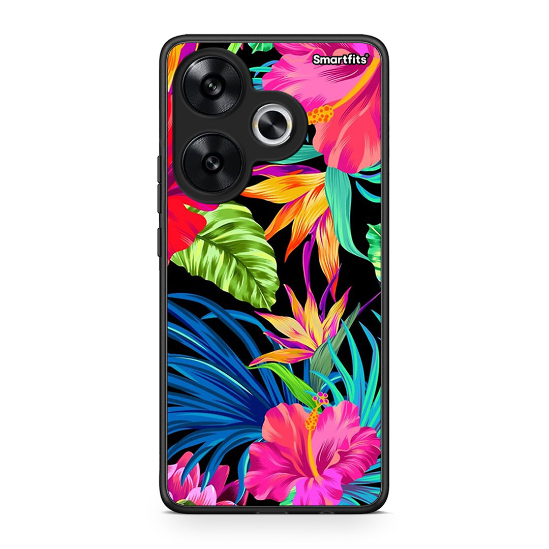 Xiaomi Poco F6 Tropical Flowers θήκη από τη Smartfits με σχέδιο στο πίσω μέρος και μαύρο περίβλημα | Smartphone case with colorful back and black bezels by Smartfits