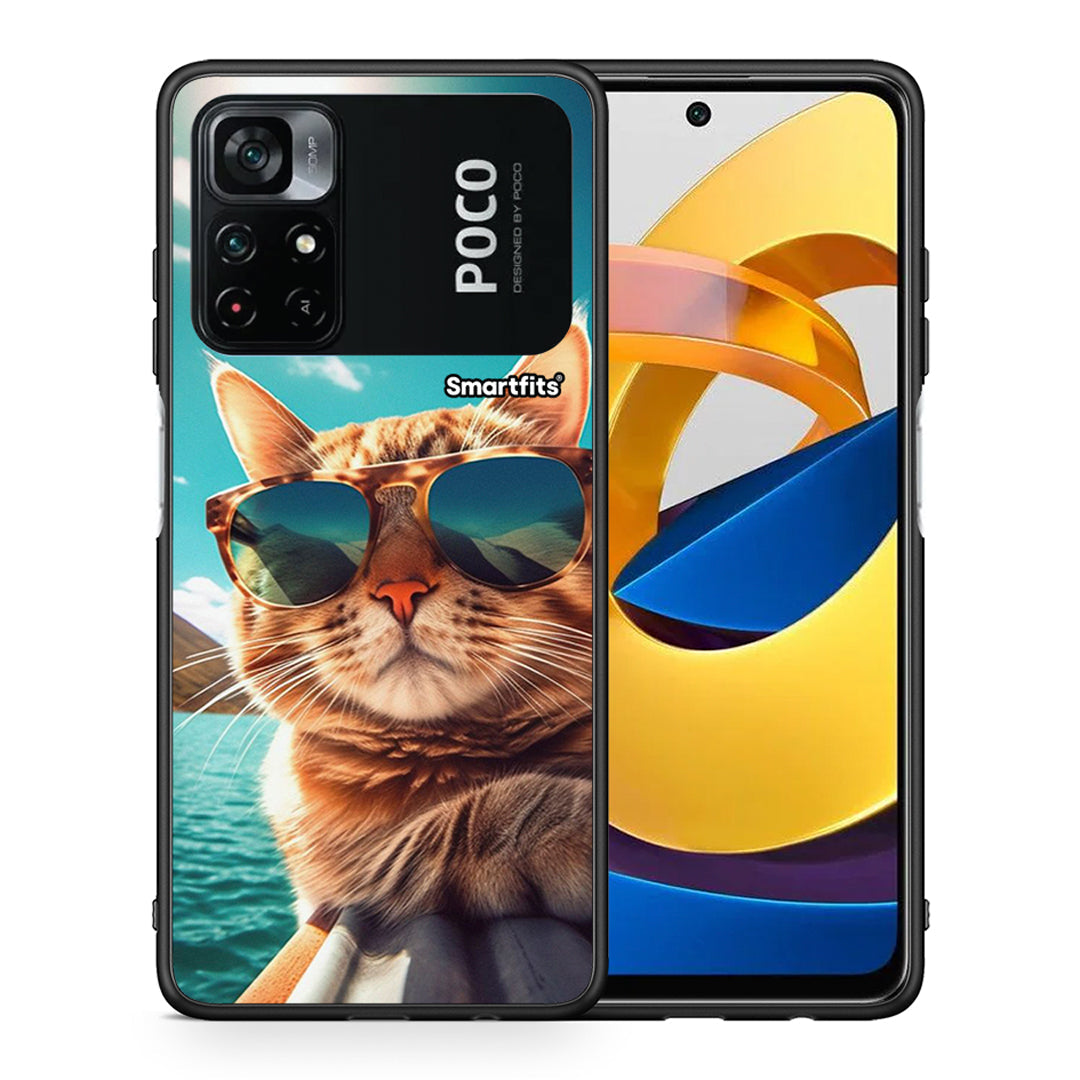 Θήκη Xiaomi Poco M4 Pro 4G Summer Cat από τη Smartfits με σχέδιο στο πίσω μέρος και μαύρο περίβλημα | Xiaomi Poco M4 Pro 4G Summer Cat case with colorful back and black bezels