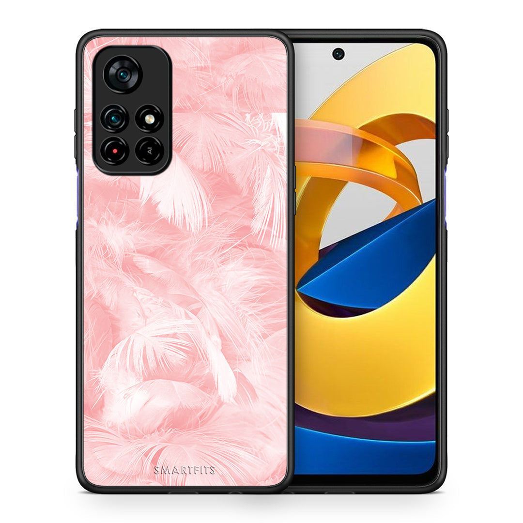 Θήκη Xiaomi Poco M4 Pro 5G Pink Feather Boho από τη Smartfits με σχέδιο στο πίσω μέρος και μαύρο περίβλημα | Xiaomi Poco M4 Pro 5G Pink Feather Boho case with colorful back and black bezels