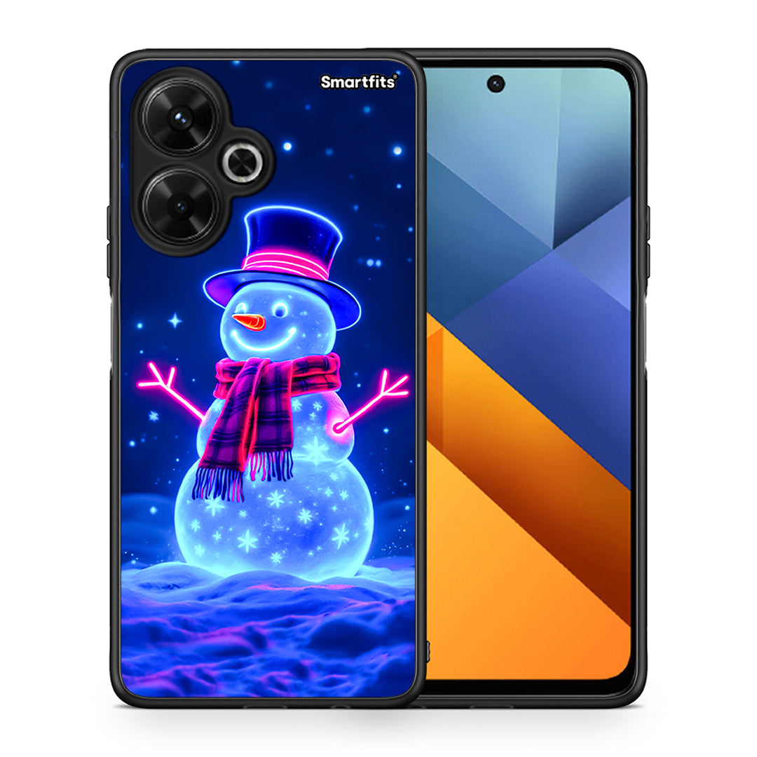 Θήκη Xiaomi Poco M6 4G Christmas Neon Snowman από τη Smartfits με σχέδιο στο πίσω μέρος και μαύρο περίβλημα | Xiaomi Poco M6 4G Christmas Neon Snowman case with colorful back and black bezels