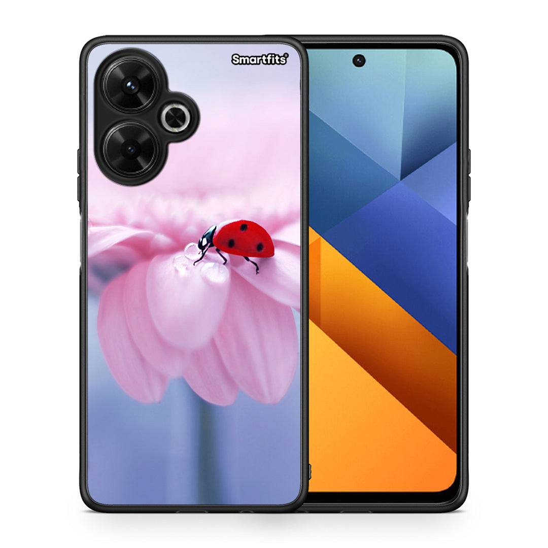 Θήκη Xiaomi Poco M6 4G Ladybug Flower από τη Smartfits με σχέδιο στο πίσω μέρος και μαύρο περίβλημα | Xiaomi Poco M6 4G Ladybug Flower case with colorful back and black bezels