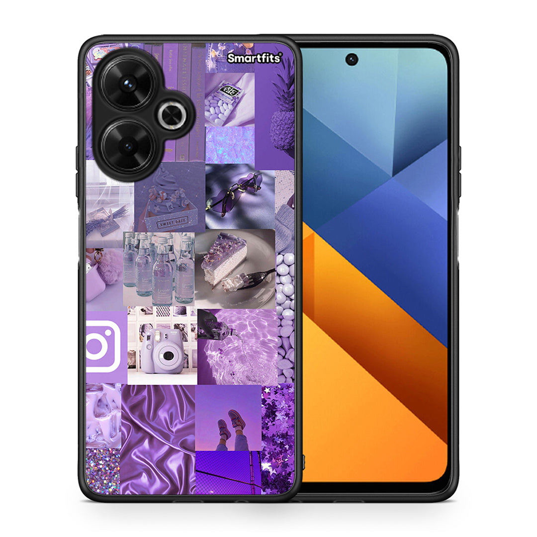 Θήκη Xiaomi Poco M6 4G Purple Aesthetic Collage από τη Smartfits με σχέδιο στο πίσω μέρος και μαύρο περίβλημα | Xiaomi Poco M6 4G Purple Aesthetic Collage case with colorful back and black bezels