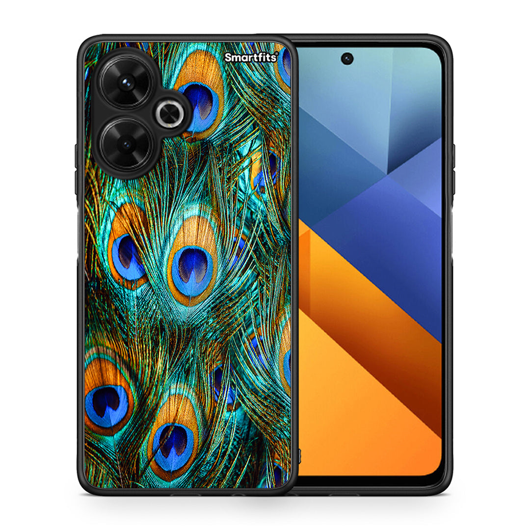 Θήκη Xiaomi Poco M6 4G Real Peacock Feathers από τη Smartfits με σχέδιο στο πίσω μέρος και μαύρο περίβλημα | Xiaomi Poco M6 4G Real Peacock Feathers case with colorful back and black bezels