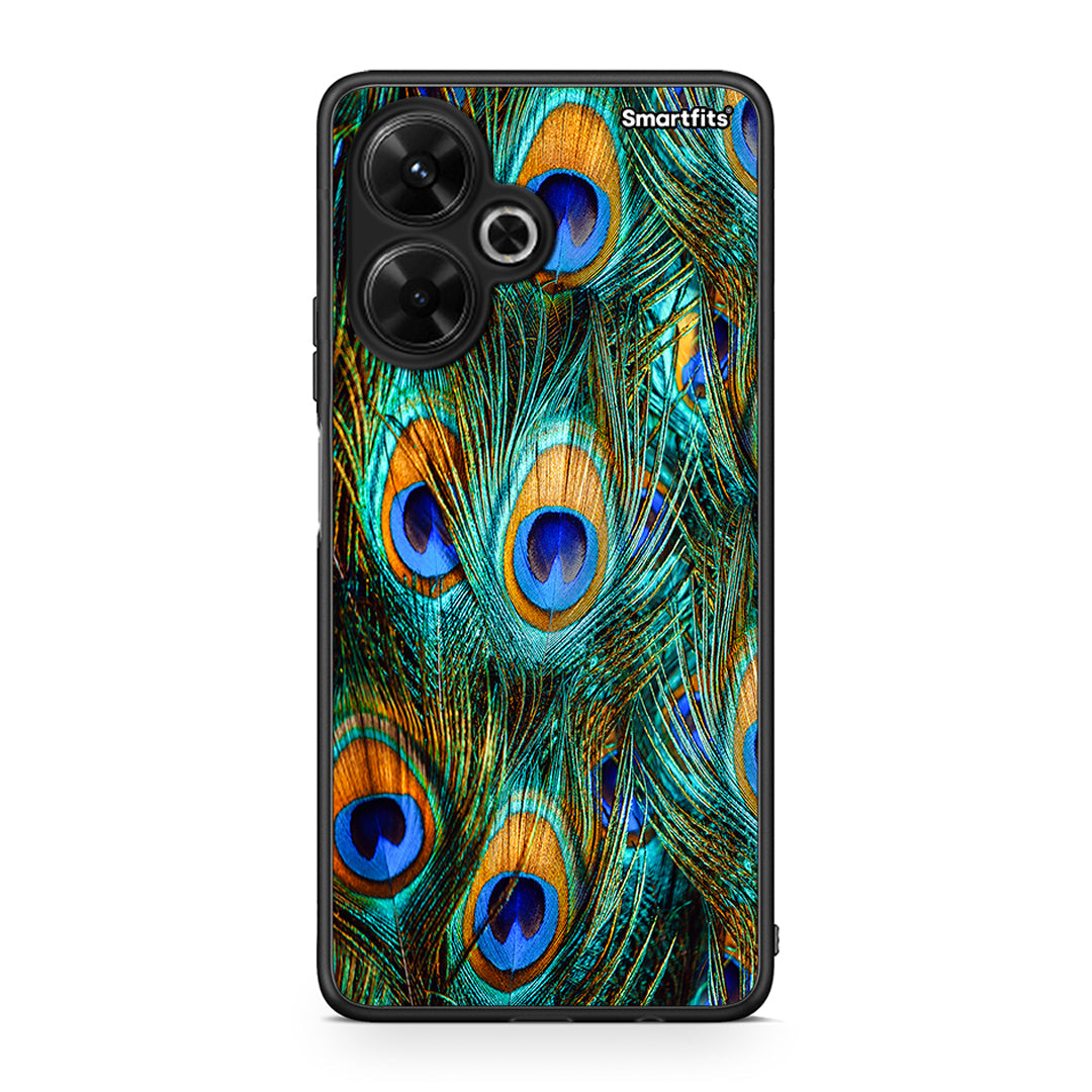 Xiaomi Poco M6 4G Real Peacock Feathers θήκη από τη Smartfits με σχέδιο στο πίσω μέρος και μαύρο περίβλημα | Smartphone case with colorful back and black bezels by Smartfits