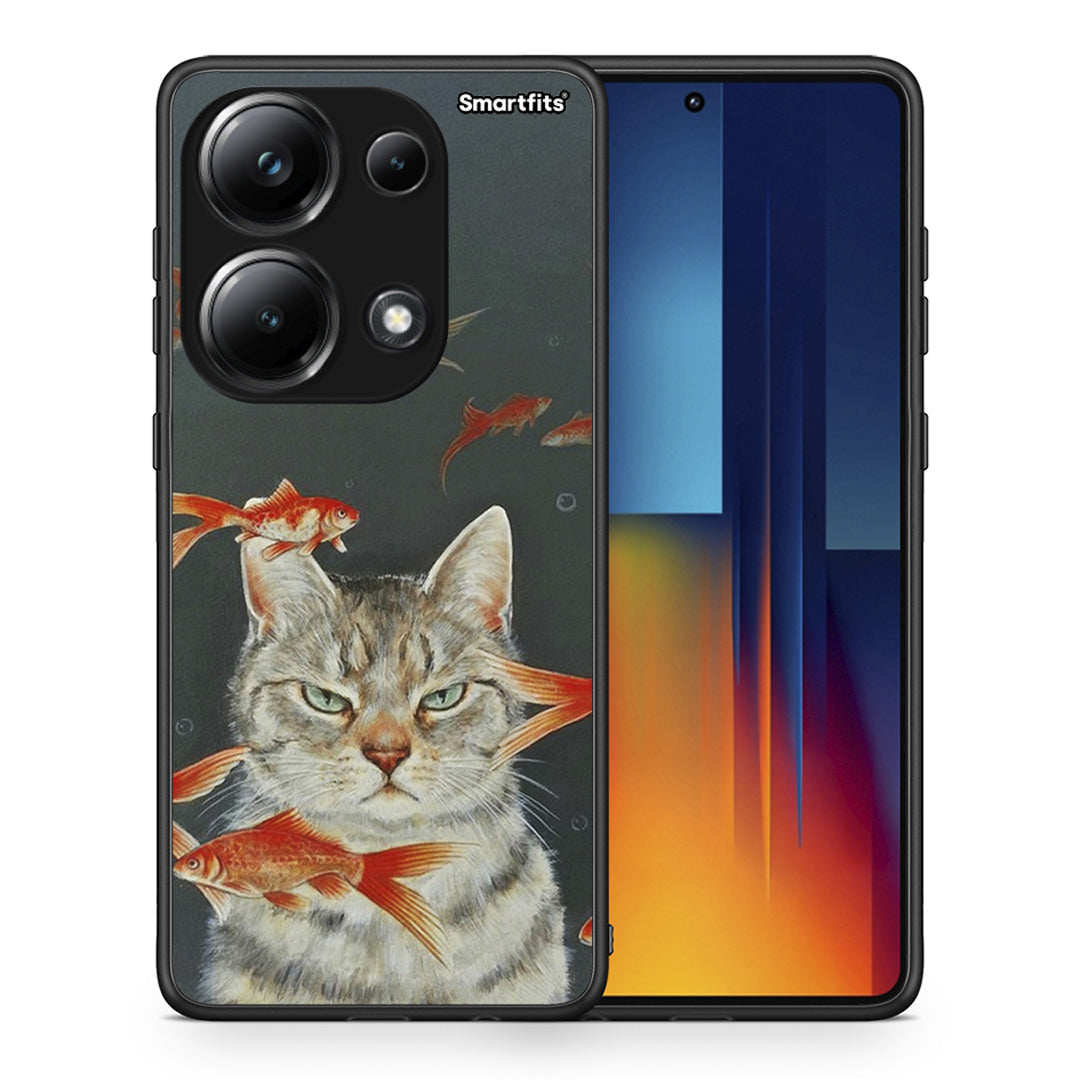 Θήκη Xiaomi Poco M6 Pro Cat Goldfish από τη Smartfits με σχέδιο στο πίσω μέρος και μαύρο περίβλημα | Xiaomi Poco M6 Pro Cat Goldfish case with colorful back and black bezels