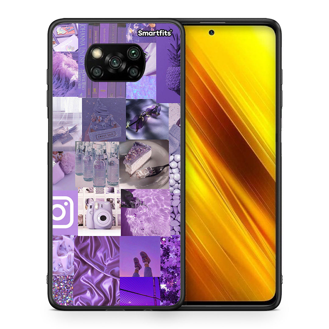 Θήκη Xiaomi Poco X3 Purple Aesthetic Collage από τη Smartfits με σχέδιο στο πίσω μέρος και μαύρο περίβλημα | Xiaomi Poco X3 Purple Aesthetic Collage case with colorful back and black bezels