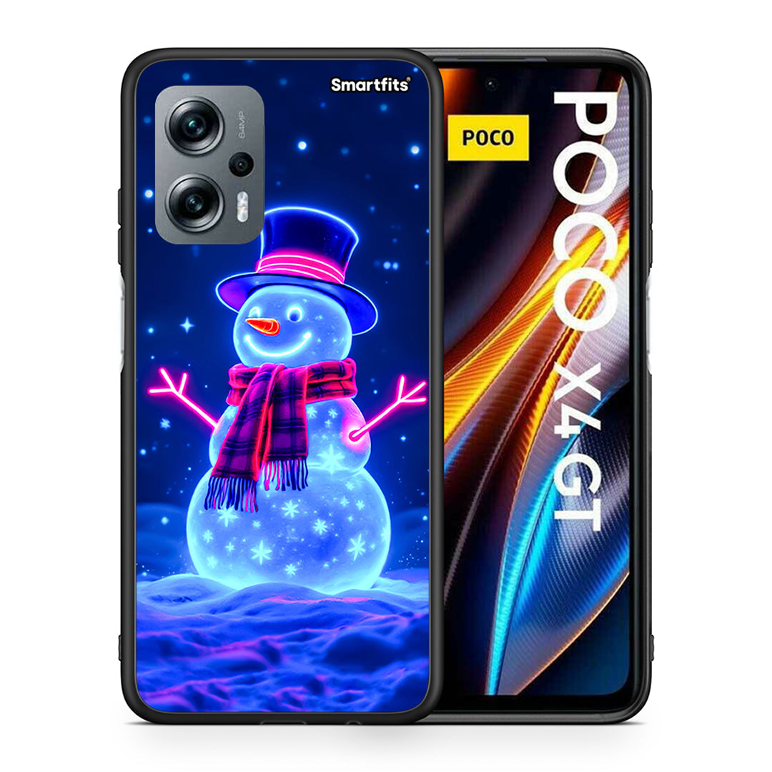 Θήκη Xiaomi Poco X4 GT Christmas Neon Snowman από τη Smartfits με σχέδιο στο πίσω μέρος και μαύρο περίβλημα | Xiaomi Poco X4 GT Christmas Neon Snowman case with colorful back and black bezels