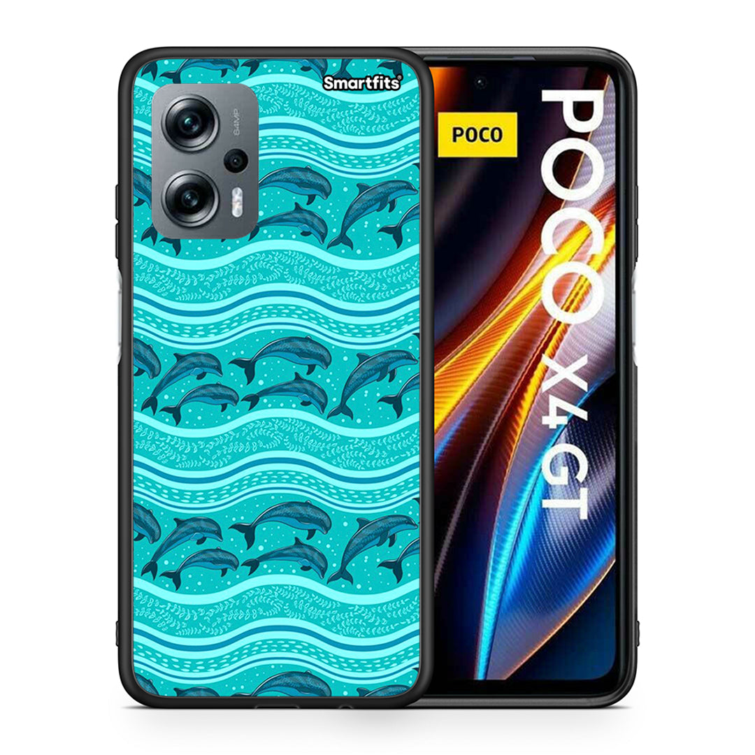 Θήκη Xiaomi Poco X4 GT Swimming Dolphins από τη Smartfits με σχέδιο στο πίσω μέρος και μαύρο περίβλημα | Xiaomi Poco X4 GT Swimming Dolphins case with colorful back and black bezels