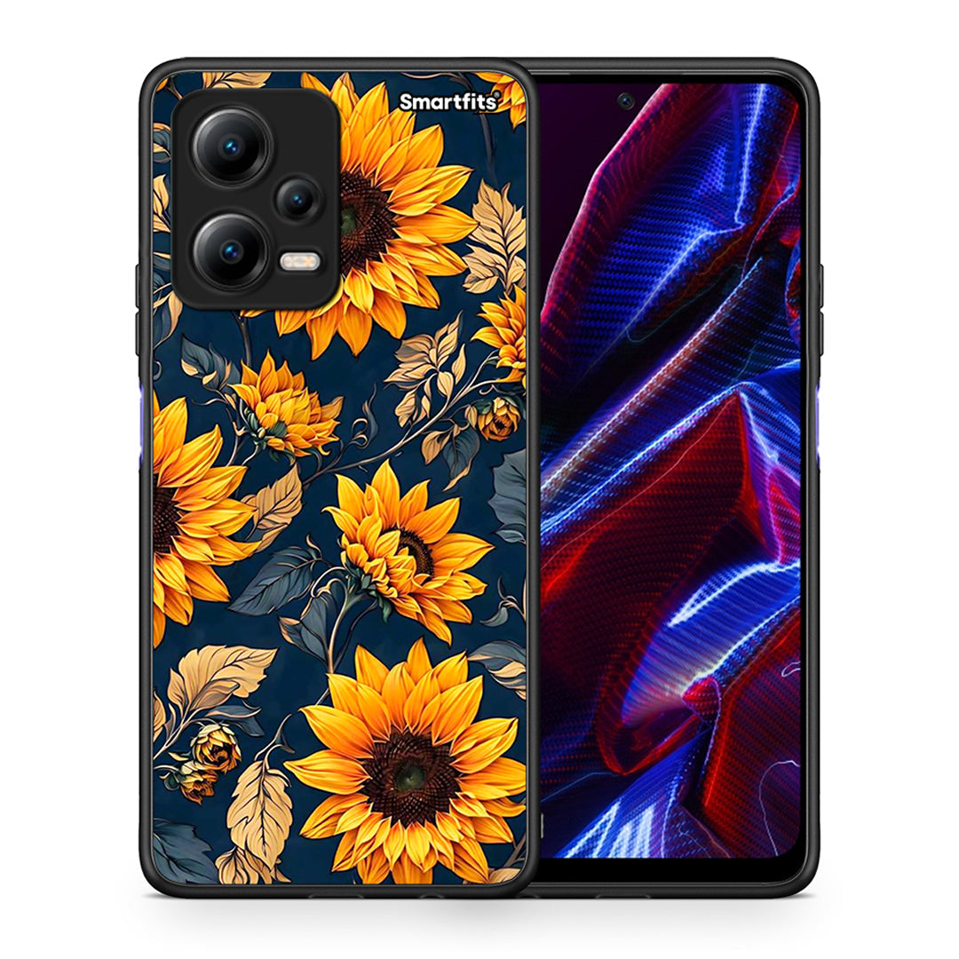 Θήκη Xiaomi Redmi Note 12 5G Autumn Sunflowers από τη Smartfits με σχέδιο στο πίσω μέρος και μαύρο περίβλημα | Xiaomi Redmi Note 12 5G Autumn Sunflowers Case with Colorful Back and Black Bezels