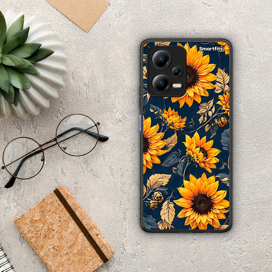 Θήκη Xiaomi Redmi Note 12 5G Autumn Sunflowers από τη Smartfits με σχέδιο στο πίσω μέρος και μαύρο περίβλημα | Xiaomi Redmi Note 12 5G Autumn Sunflowers Case with Colorful Back and Black Bezels