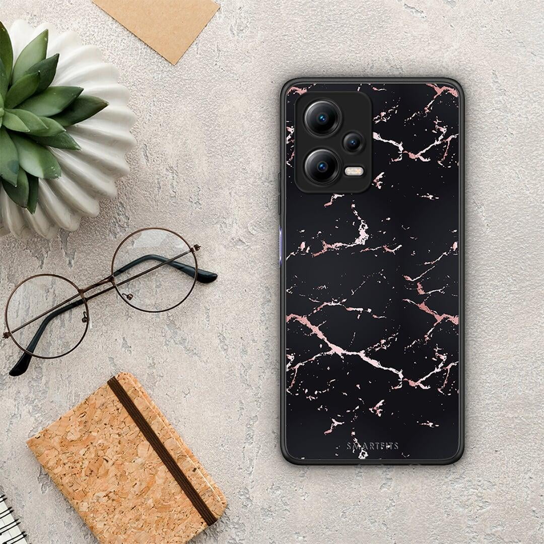 Θήκη Xiaomi Redmi Note 12 5G Marble Black Rosegold από τη Smartfits με σχέδιο στο πίσω μέρος και μαύρο περίβλημα | Xiaomi Redmi Note 12 5G Marble Black Rosegold Case with Colorful Back and Black Bezels