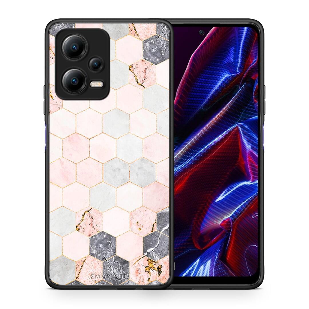 Θήκη Xiaomi Redmi Note 12 5G Marble Hexagon Pink από τη Smartfits με σχέδιο στο πίσω μέρος και μαύρο περίβλημα | Xiaomi Redmi Note 12 5G Marble Hexagon Pink Case with Colorful Back and Black Bezels