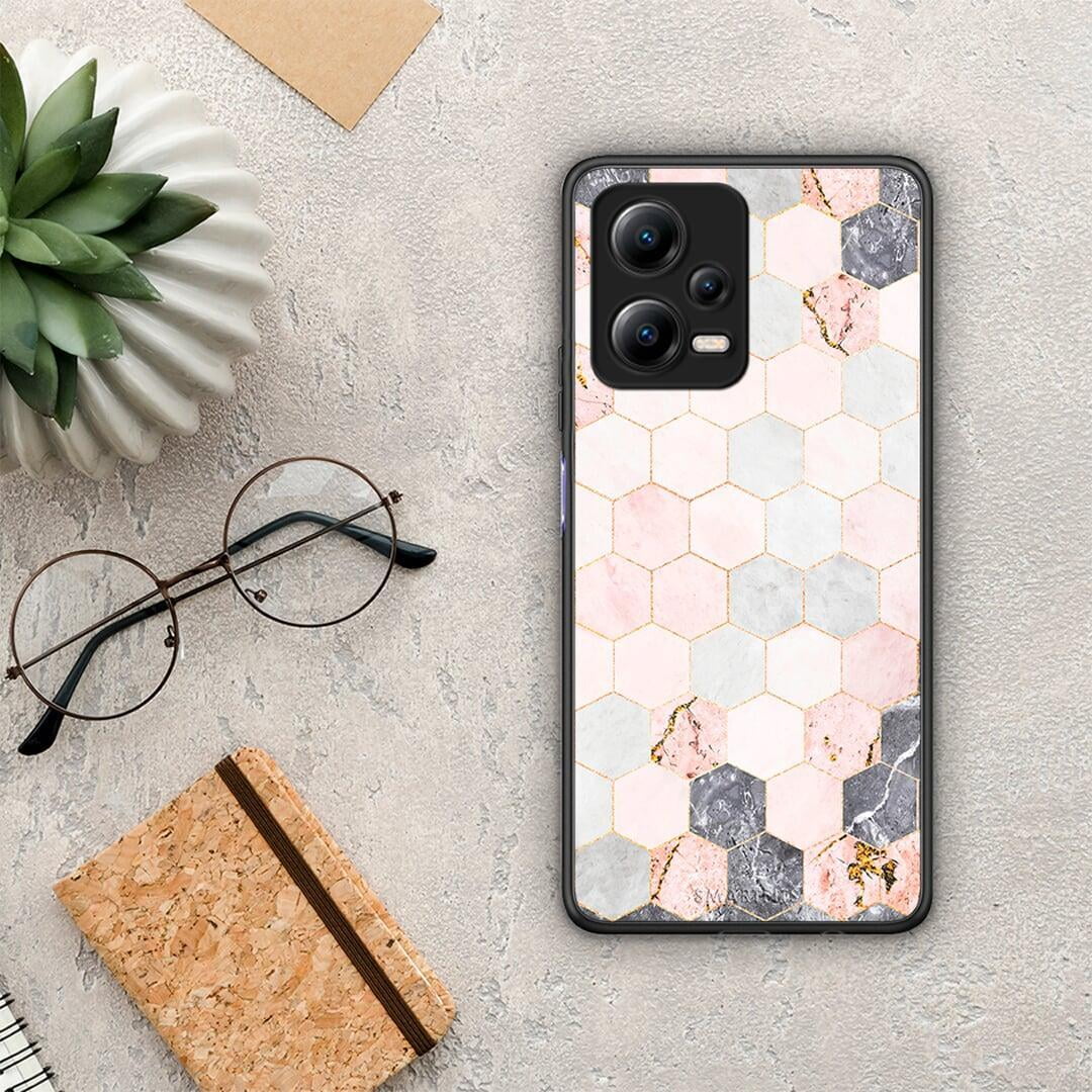 Θήκη Xiaomi Redmi Note 12 5G Marble Hexagon Pink από τη Smartfits με σχέδιο στο πίσω μέρος και μαύρο περίβλημα | Xiaomi Redmi Note 12 5G Marble Hexagon Pink Case with Colorful Back and Black Bezels