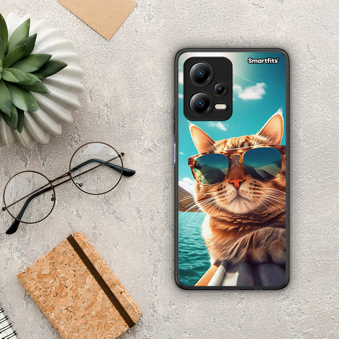 Θήκη Xiaomi Redmi Note 12 5G Summer Cat από τη Smartfits με σχέδιο στο πίσω μέρος και μαύρο περίβλημα | Xiaomi Redmi Note 12 5G Summer Cat Case with Colorful Back and Black Bezels