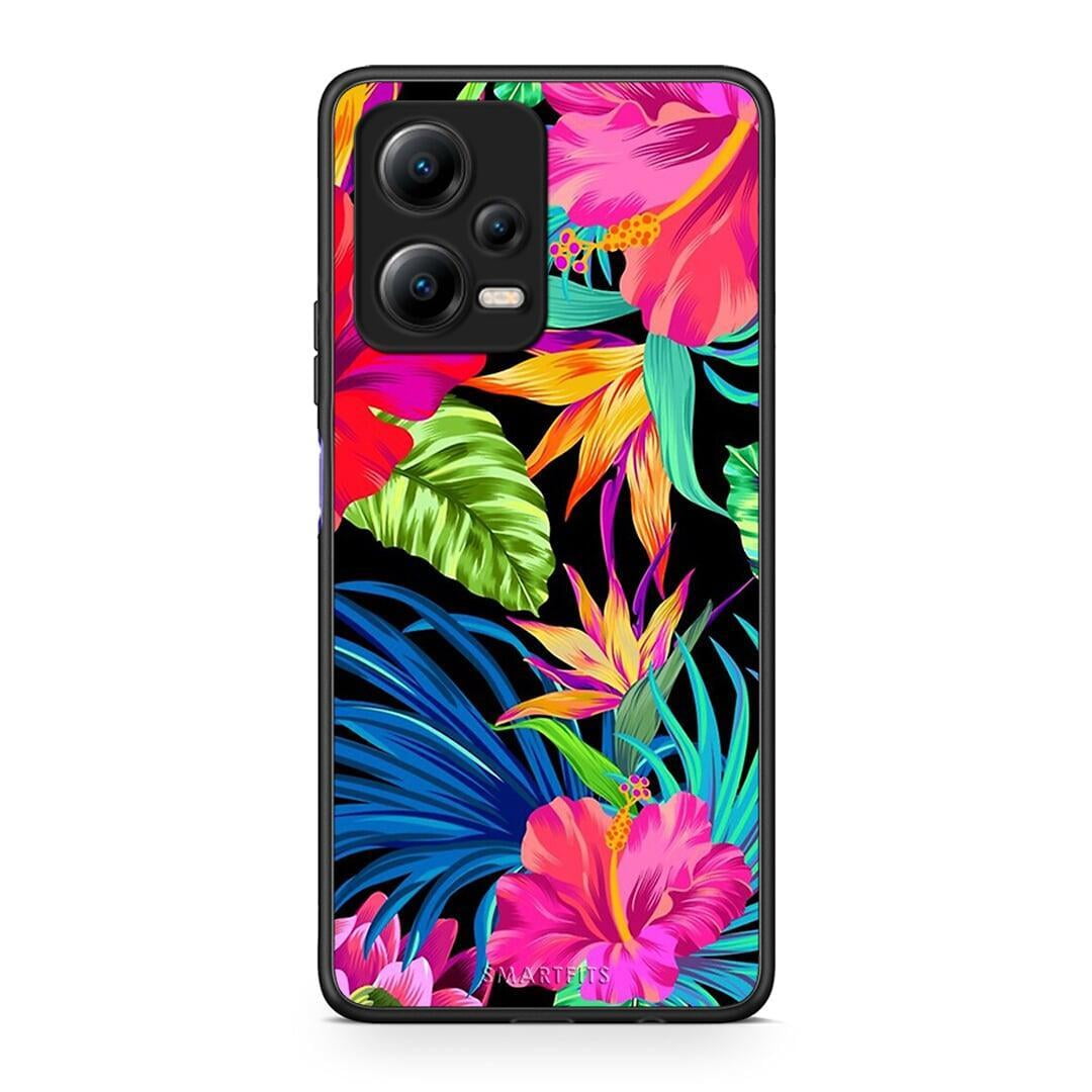 Θήκη Xiaomi Redmi Note 12 5G Tropical Flowers από τη Smartfits με σχέδιο στο πίσω μέρος και μαύρο περίβλημα | Xiaomi Redmi Note 12 5G Tropical Flowers Case with Colorful Back and Black Bezels