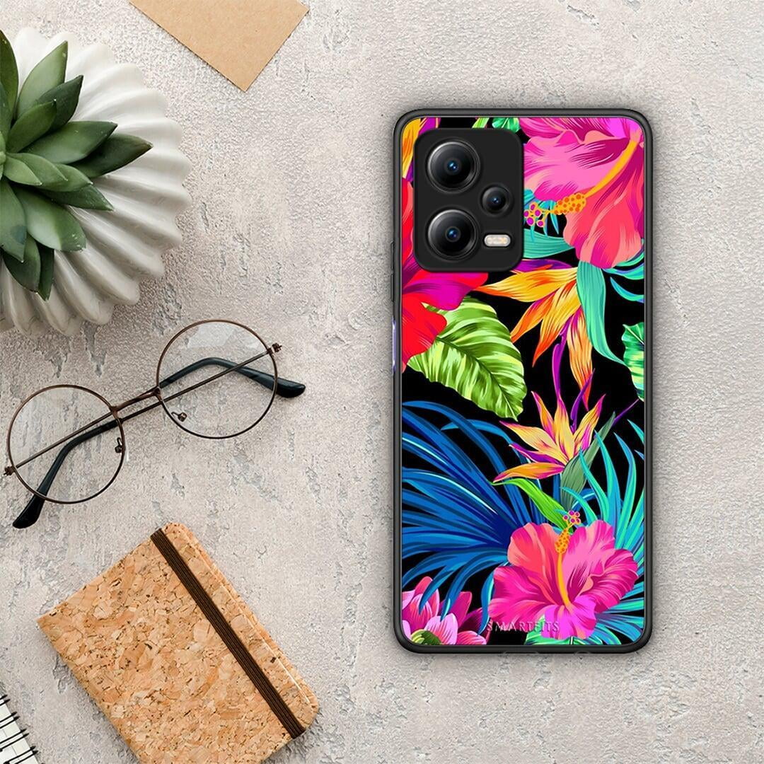 Θήκη Xiaomi Redmi Note 12 5G Tropical Flowers από τη Smartfits με σχέδιο στο πίσω μέρος και μαύρο περίβλημα | Xiaomi Redmi Note 12 5G Tropical Flowers Case with Colorful Back and Black Bezels